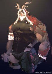Rule 34 | 1boy, absurdres, antlers, asymmetrical clothes, bandaged arm, bandages, bara, bare shoulders, black sclera, bulge, chest harness, colored sclera, covered abs, covered erect nipples, deer boy, feet out of frame, furry, furry male, harness, highres, horns, large pectorals, leg belt, looking at viewer, male focus, muscular, muscular male, nipples, original, pectorals, rathalosx4, reindeer antlers, santa costume, shirt, short hair, sideburns, sidepec, single pantsleg, solo, taut clothes, taut shirt, thick thighs, thighs, topless male, tusks