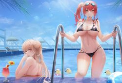 Rule 34 | 2girls, absurdres, azur lane, bikini, black bikini, blonde hair, blue sky, braid, breasts, cleavage, closed mouth, collarbone, commentary, day, double bun, english commentary, formidable (azur lane), formidable (the lady of the beach) (azur lane), from behind, glass, gluteal fold, goggles, goggles on head, hair bun, hair ornament, hand up, highres, innertube, large breasts, long hair, looking at viewer, looking back, manjuu (azur lane), medium hair, mouth hold, multiple girls, navel, o-ring, o-ring bikini, outdoors, partially submerged, pool, pool ladder, red eyes, red hair, shiny skin, side ponytail, sky, stomach, summer, swim ring, swimsuit, turbulence, twintails, umbrella, water, wet, whistle, yellow eyes, zara (azur lane), zara (poolside coincidence) (azur lane)