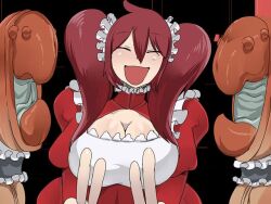 Rule 34 | arthropod girl, breasts, cleavage, closed eyes, crab girl, soapy (mon-musu quest!), game cg, large breasts, looking at viewer, maid, mon-musu quest!, mon-musu quest: paradox, open mouth, red hair, smile, twintails, v