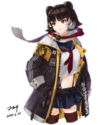 Rule 34 | 1girl, absurdres, animal ears, arknights, bear ears, black footwear, black hair, black jacket, blue skirt, crop top, crop top overhang, cyrillic, dated, hair ornament, hands in pockets, highres, jacket, leto (arknights), long sleeves, midriff, miniskirt, multicolored hair, navel, neckerchief, open clothes, open jacket, pleated skirt, red eyes, red neckerchief, red thighhighs, sailor collar, sailor shirt, scarf, school uniform, serafuku, shirt, short hair, simple background, skirt, smile, solo, stomach, streaked hair, suspenders, thighhighs, white background, white hair, white shirt, zettai ryouiki, zzq