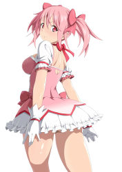 Rule 34 | 10s, 1girl, alternate breast size, ass, back, back cutout, blush, bow, breasts, choker, clothing cutout, dress, frills, from behind, gloves, hair bow, hair ribbon, heart, heart cutout, highres, kaname madoka, large breasts, looking at viewer, looking back, magical girl, mahou shoujo madoka magica, mahou shoujo madoka magica (anime), naughty face, no panties, pink eyes, pink hair, ribbon, shin&#039;ya (shin&#039;yanchi), short dress, short hair, short twintails, sideboob, simple background, smile, solo, standing, thighs, twintails, white gloves