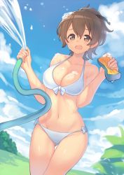 Rule 34 | 10s, 1girl, bare shoulders, bikini, blush, breasts, brown eyes, brown hair, cleavage, cloud, collarbone, commentary request, day, girls und panzer, hair ribbon, halterneck, highres, hose, kame^^, koyama yuzu, large breasts, long hair, looking at viewer, navel, open mouth, outdoors, ponytail, ribbon, short ponytail, side-tie bikini bottom, sky, smile, soap, solo, sponge, swimsuit, water, wet, white bikini