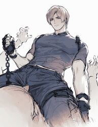 Rule 34 | 2boys, absurdres, black gloves, black shirt, brown hair, chain, chinese commentary, curtained hair, faceless, faceless male, fingerless gloves, gloves, highres, holster, knife sheath, knife sheath, leon s. kennedy, looking down, male focus, multiple boys, murder, muscular, muscular male, resident evil, resident evil 4, resident evil 4 (remake), rokuhashi 8, sepia, sheath, shirt, sketch, solo focus, straddling, t-shirt, yaoi