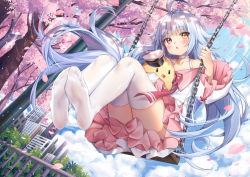 Rule 34 | 1girl, :o, ahoge, animal, azur lane, bare shoulders, bird, blue sky, blush, building, chain, cherry blossoms, chick, choker, cityscape, cloud, cloudy sky, collarbone, day, douya (233), dutch angle, feet, floating hair, hat, heterochromia, holding, long hair, long sleeves, looking at viewer, manjuu (azur lane), miniskirt, nicholas (azur lane), no shoes, off shoulder, outdoors, parted lips, peaked cap, petals, pink skirt, railing, red eyes, shirt, silver hair, skirt, sky, solo, swing, thighhighs, thighs, tree, very long hair, white shirt, white thighhighs, yellow eyes