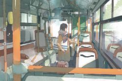 Rule 34 | 1girl, bus, bus interior, coat, commentary request, long sleeves, luggage, motor vehicle, original, rolling suitcase, scarf, solo, standing, suitcase, wamizu, window, winter clothes