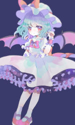 Rule 34 | 1girl, aqua hair, back bow, bat wings, blue background, bow, bowtie, commentary request, eyes visible through hair, frilled skirt, frills, full body, hat, hat bow, hiyuu (hiyualice), looking at viewer, mary janes, medium hair, mob cap, nail polish, puffy short sleeves, puffy sleeves, red bow, red eyes, red nails, remilia scarlet, shirt, shoes, short sleeves, skirt, skirt set, socks, solo, touhou, white shirt, white skirt, white socks, wings, wrist cuffs