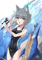 Rule 34 | 1girl, absurdres, animal ear fluff, animal ears, black one-piece swimsuit, blue archive, blue eyes, breasts, competition swimsuit, covered navel, cowboy shot, cross hair ornament, extra ears, fish, fishing rod, grey hair, hair ornament, halo, highres, low ponytail, medium breasts, medium hair, mismatched pupils, multicolored clothes, multicolored swimsuit, official alternate costume, one-piece swimsuit, shiroko (blue archive), shiroko (swimsuit) (blue archive), solo, swimsuit, swordfish, water, wolf ears, xahyl