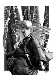 Rule 34 | 1girl, absurdres, ainu, ainu clothes, asirpa, blue eyes, bow (weapon), choker, cowboy shot, dctroo 08, floating hair, gloves, golden kamuy, greyscale, hair over one eye, headband, highres, holding, holding bow (weapon), holding weapon, knife, long hair, long sleeves, looking at viewer, monochrome, one eye covered, partially colored, signature, solo, tree, twitter username, weapon