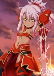 Rule 34 | &gt;:, 1girl, aged down, armor, armpits, arms behind head, bandeau, blush, braid, breasts, child, chloe von einzbern, clarent (fate), cloud, cowboy shot, dark-skinned female, dark skin, dark sky, detached sleeves, electricity, fate/kaleid liner prisma illya, fate (series), faulds, female focus, hair between eyes, hair ornament, hair scrunchie, highres, long hair, looking at viewer, midriff, mordred (fate), mordred (fate/apocrypha), morokoshi (tekku), navel, no panties, outdoors, pelvic curtain, pink hair, ponytail, scrunchie, small breasts, solo, sword, v-shaped eyebrows, weapon, yellow eyes