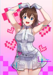 Rule 34 | 1girl, arms up, belt, blue eyes, brown hair, collarbone, dress, earrings, gloves, heart, heart arms, high ponytail, highres, idolmaster, idolmaster million live!, idolmaster million live! theater days, jewelry, kamille (vcx68), long hair, looking at viewer, open mouth, ponytail, satake minako, short dress, sleeveless, sleeveless dress, smile, solo, white belt, white dress, white gloves