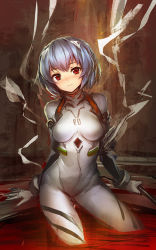 Rule 34 | 1girl, arm support, ayanami rei, blue hair, blush, highres, lm7 (op-center), looking at viewer, neon genesis evangelion, partially submerged, plugsuit, rebuild of evangelion, red eyes, short hair, solo