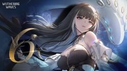 Rule 34 | 1girl, baizhi (wuthering waves), bare shoulders, black gloves, black hair, blue eyes, breasts, cleavage, countdown, detached sleeves, gloves, hair ornament, highres, large breasts, long hair, looking at viewer, official art, parted lips, upper body, wuthering waves