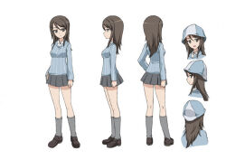 Rule 34 | 1girl, blue hat, brown eyes, brown hair, closed mouth, concept art, from behind, from side, girls und panzer, hat, keizoku school uniform, kneepits, long hair, mika (girls und panzer), miniskirt, multiple views, official art, pleated skirt, school uniform, shirt, simple background, skirt, standing, striped clothes, striped shirt, tulip hat, vertical-striped clothes, vertical-striped shirt, white background