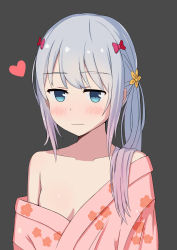 Rule 34 | 10s, 1girl, absurdres, aqua eyes, bare shoulders, black background, blue hair, bow, breasts, closed mouth, embarrassed, eromanga sensei, flower, hair bow, hair flower, hair ornament, heart, highres, izumi sagiri, japanese clothes, kimono, long hair, off shoulder, pink bow, side ponytail, small breasts, solo, upper body, wavy mouth, yunkaiming