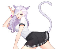 Rule 34 | 1girl, animal ears, cat ears, commentary request, fingernails, from side, hair over one eye, hand up, highres, long hair, looking at viewer, looking to the side, miniskirt, original, pleated skirt, purple hair, school uniform, serafuku, shirt, short sleeves, simple background, siun, skirt, solo, tail around own leg, tongue, tongue out, white background, white shirt, wristband