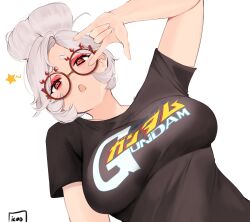 Rule 34 | 1girl, alternate costume, breasts, casual, contemporary, eyeshadow, g gundam, glasses, gundam, highres, icoo, large breasts, looking at viewer, love (sign), makeup, nintendo, open mouth, purah, red-framed eyewear, red eyes, round eyewear, sheikah, shirt, solo, t-shirt, the legend of zelda, the legend of zelda: tears of the kingdom, white hair