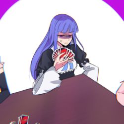 Rule 34 | anger vein, card, commentary, english commentary, featherine augustus aurora, frederica bernkastel, holding, holding card, lambdadelta, long hair, meme, out of frame, playing card, pmagosh, purple eyes, purple hair, shaded face, simple background, table, umineko no naku koro ni, uno (game), wide sleeves