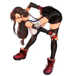 Rule 34 | 1girl, asymmetrical hair, bandaged hand, bandages, bent over, black thighhighs, breasts, brown hair, earrings, elbow pads, final fantasy, final fantasy vii, final fantasy vii remake, fingerless gloves, full body, gloves, hair over shoulder, hand on own hip, highres, jewelry, jimbobox, large breasts, long hair, low-tied long hair, midriff, red eyes, shirt, skirt, solo, square enix, stretching, suspender skirt, suspenders, thighhighs, tifa lockhart, white background, white shirt