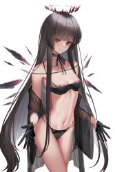 Rule 34 | 1girl, absurdres, antenna hair, arknights, armpit crease, backlighting, bare shoulders, black bra, black choker, black eyes, black gloves, black hair, black halo, black jacket, black panties, black ribbon, black wings, blunt bangs, blush, bra, breasts, bright pupils, broken halo, choker, cleavage, clothes down, collarbone, colored inner hair, commentary request, cowboy shot, crossed legs, dark halo, detached wings, energy wings, eyelashes, frilled bra, frills, gloves, grey hair, grin, groin, halo, highres, hime cut, jacket, lace, lace-trimmed panties, lace trim, lips, long hair, long sleeves, looking at viewer, mole, mole under eye, multicolored hair, navel, open clothes, open hands, open jacket, panties, parted lips, partial commentary, ribbon, ribbon choker, ribs, see-through, see-through jacket, shade, shadow, sidelocks, simple background, skinny, small breasts, smile, solo, sonna watashi, standing, stomach, straight hair, teeth, thighs, two-tone hair, underwear, very long hair, virtuosa (arknights), white background, white pupils, wide sleeves, wings