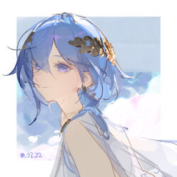 Rule 34 | 1girl, blue background, blue eyes, blue hair, border, closed mouth, dated, dlgeria, earrings, from side, hair between eyes, headpiece, highres, jewelry, long hair, looking at viewer, original, outside border, purple eyes, sketch, solo, upper body, white border