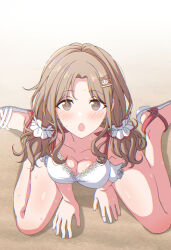 Rule 34 | 1girl, arimon (dfrgty12), bare shoulders, bikini, blush, breasts, brown eyes, brown hair, cleavage, collarbone, feet, from above, hair ornament, hair scrunchie, hairclip, highres, ichikawa hinana, idolmaster, idolmaster shiny colors, legs, long hair, looking at viewer, looking up, low twintails, medium breasts, open mouth, parted bangs, sand, sandals, scrunchie, sitting, solo, sweat, swimsuit, twintails, wariza, white bikini