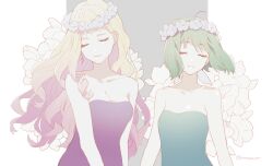 Rule 34 | 2girls, bare shoulders, blonde hair, breasts, closed eyes, closed mouth, collarbone, commentary request, curly hair, dress, earrings, floral background, green dress, green hair, hair behind ear, head tilt, head wreath, highres, hoyopeccori, jewelry, long hair, macross, macross frontier, medium breasts, multiple girls, pink dress, ranka lee, sheryl nome, short hair, single earring, small breasts, strapless, strapless dress, twitter username, upper body