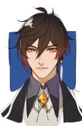 Rule 34 | 1boy, antenna hair, black hair, brown hair, closed mouth, earrings, genshin impact, gradient hair, hair between eyes, highres, jacket, jewelry, k young03, male focus, multicolored hair, necktie, portrait, simple background, single earring, solo, two-tone background, yellow eyes, zhongli (genshin impact)
