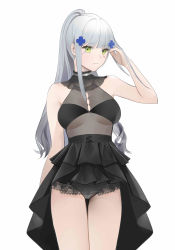 Rule 34 | 1girl, absurdres, alternate costume, arm up, bad id, bad pixiv id, bare arms, bare shoulders, black dress, blunt bangs, breasts, chilli 646, closed mouth, cowboy shot, dress, girls&#039; frontline, green eyes, hair ornament, hand in own hair, highres, hk416 (girls&#039; frontline), large breasts, looking at viewer, panties, see-through, short dress, sidelocks, simple background, smile, solo, thigh gap, underwear, white background, white panties