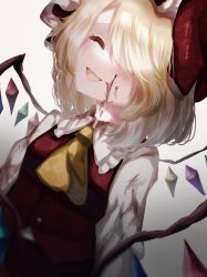 Rule 34 | 1girl, :d, ascot, blonde hair, blood, blood on clothes, blood on face, blurry, blush, bow, closed eyes, commentary request, crying, crystal, depth of field, flandre scarlet, frilled shirt collar, frills, gradient background, grey background, hair over one eye, hat, hat bow, injury, juliet sleeves, long sleeves, open mouth, puffy sleeves, red bow, red vest, short hair, simple background, smile, solo, swept bangs, tears, touhou, tsuyuji shigure, upper body, vest, wings, yellow ascot