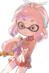 Rule 34 | 1girl, 3:, bandana, blue bandana, bow, bowtie, cardigan, closed mouth, collared shirt, commentary, grey eyes, highres, holding, inkling, inkling girl, inkling player character, long sleeves, miniskirt, nintendo, pink hair, pleated skirt, plum0o0, pointy ears, red skirt, school uniform, shirt, short bangs, short eyebrows, short hair, simple background, skirt, solo, splatoon (series), splattershot (splatoon), striped bow, striped bowtie, striped clothes, suction cups, super soaker, symbol-only commentary, tentacle hair, white background, white shirt, yellow cardigan