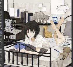 Rule 34 | 1girl, barefoot, bed, bed sheet, bedroom, black hair, blush, cat, chair, desk, feet, feet up, full body, grey eyes, grey shorts, hair between eyes, highres, holding, indoors, legs, lying, maoyasumisumi, medium hair, milk carton, office chair, on stomach, open mouth, original, pen, pillow, shirt, shorts, sidelocks, soles, solo, stuffed animal, stuffed toy, swivel chair, t-shirt, the pose, thighs, toes, unfinished, white shirt