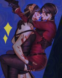 Rule 34 | 2girls, ada wong, bare shoulders, black hair, blood, blood on face, blood splatter, blush, breasts, carrying, carrying person, dress, earrings, gloves, gold earrings, hair ornament, hand on another&#039;s hip, highres, imminent kiss, jewelry, khessamaya, large breasts, long hair, long sleeves, looking at viewer, medium breasts, multiple girls, no legwear, parted lips, red eyes, resident evil, resident evil 4, resident evil 4 (remake), short hair, smile, spy x family, thighhighs, turtleneck, turtleneck dress, two-sided dress, two-sided fabric, yor briar, yuri