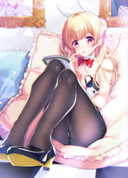 Rule 34 | 1girl, animal ears, bang dream!, bare shoulders, black footwear, black leotard, black pantyhose, blonde hair, blush, bow, bowtie, checkered floor, commentary request, detached collar, drawing (object), fake animal ears, finger to mouth, full body, high heels, highres, indoors, knees up, leaning back, legs together, leotard, light particles, long hair, nail polish, notebook, on pillow, open mouth, pantyhose, picture frame, playboy bunny, purple eyes, rabbit ears, reading, red bow, red bowtie, shirasagi chisato, shoe soles, sitting, sleeveless, solo, strapless, strapless leotard, tsurugi hikaru, wrist cuffs, yellow nails