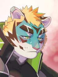 Rule 34 | 1boy, animal ears, aoi (aoi tachi0), bara, blonde hair, blush, commentary request, ear piercing, facial mark, furry, furry male, gradient background, green eyes, highres, live a hero, looking down, male focus, piercing, rexer (live a hero), smile, tiger boy, tiger ears, tiger stripes, upper body, whisker markings