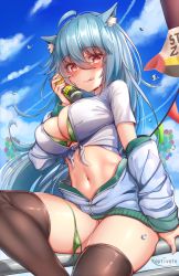 Rule 34 | 1girl, :q, ahoge, animal ear fluff, animal ears, bikini, bikini under clothes, blue hair, breasts, brown thighhighs, can, cat ears, cleavage, crop top, day, front-tie top, green bikini, hair between eyes, highres, holding, itsumi (kaptivate), jacket, kaptivate, large breasts, long hair, long sleeves, looking at viewer, midriff, navel, no pants, off shoulder, original, outdoors, red eyes, shirt, short sleeves, sitting, skindentation, sky, smile, solo, stomach, string bikini, swimsuit, thighhighs, thighs, thong, tongue, tongue out, untied bikini, very long hair, white jacket, white shirt