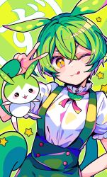 Rule 34 | 1girl, 1other, :q, creature and personification, green hair, green suspenders, hair between eyes, hand up, highres, one eye closed, puffy short sleeves, puffy sleeves, shirt, short sleeves, ssm a u, star (symbol), suspenders, tongue, tongue out, upper body, v, voicevox, white shirt, yellow eyes, zundamon