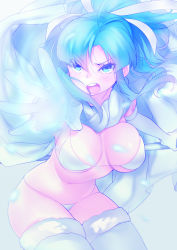 Rule 34 | 1girl, bikini, blue eyes, blue hair, breasts, cape, cleavage, elbow gloves, female focus, fur trim, gloves, golden sun, gradient background, hair ribbon, large breasts, long hair, matching hair/eyes, mia (golden sun), naso4, open mouth, ribbon, solo, staff, swimsuit, thighhighs, white bikini, white gloves, white thighhighs