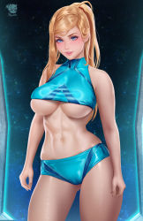 Rule 34 | 1girl, abs, alternate costume, artist name, bare arms, bare shoulders, breasts, cameltoe, commentary, covered collarbone, fingernails, highres, large breasts, lips, long hair, looking at viewer, metroid, midriff, mole, mole under mouth, muscular, muscular female, navel, nintendo, parted lips, ponytail, prywinko, samus aran, shiny clothes, shiny skin, shorts, simple background, sleeveless, smile, stomach, thighs, turtleneck, underboob, watermark