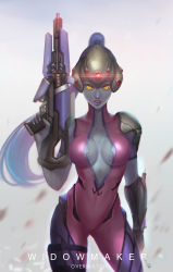 Rule 34 | 1girl, bodysuit, breasts, center opening, character name, chromatic aberration, cleavage, collarbone, colored skin, contrapposto, copyright name, covered navel, cowboy shot, d.sum, finger on trigger, gloves, grey background, gun, head-mounted display, highres, holding, holding gun, holding weapon, large breasts, lips, long hair, looking at viewer, nose, overwatch, overwatch 1, parted lips, ponytail, purple hair, purple skin, rifle, sniper rifle, solo, standing, very long hair, visor, weapon, widowmaker (overwatch), yellow eyes