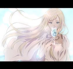 Rule 34 | 1girl, blonde hair, blue eyes, cape, commentary, cup, drinking glass, earrings, fingernails, gigi andalusia, gundam, gundam hathaway&#039;s flash, highres, jewelry, kuroi mimei, letterboxed, long hair, looking at viewer, nail polish, sidelocks, solo, triangle earrings