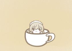 Rule 34 | 1girl, azur lane, braid, chibi, cup, hermione (azur lane), in container, in cup, koti, light brown hair, long hair, looking at viewer, maid headdress, simple background, solo, teacup, yellow background