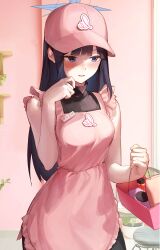 Rule 34 | 1girl, absurdres, apron, baseball cap, black shirt, blue archive, blunt bangs, blush, breasts, halo, hat, highres, indoors, kapo, looking down, medium breasts, name tag, pink apron, pink hat, saori (blue archive), shirt, sleeveless, solo, straight hair