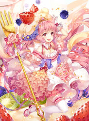 Rule 34 | 1girl, :d, arm up, artist name, berry, blurry, blush, bow, breasts, cleavage, commentary, cross-laced clothes, depth of field, detached collar, dress, flower, food, food-themed clothes, fork, frilled dress, frilled gloves, frilled thighhighs, frills, fruit, gloves, hat, hieihirai, holding, holding staff, kiwi (fruit), kiwi slice, lace, lace-trimmed gloves, lace trim, layered dress, leg up, light particles, long hair, looking at viewer, magical girl, medium breasts, mob cap, open mouth, original, pink eyes, pink footwear, pink hair, shoes, short sleeves, smile, solo, staff, star (symbol), strawberry, striped, striped bow, thighhighs, tiara, very long hair, white gloves, white thighhighs