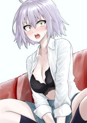 Rule 34 | 1girl, ahoge, black bra, black hair, blonde hair, blush, bra, breasts, cleavage, collarbone, collared shirt, commentary request, couch, crossed legs, fate/grand order, fate (series), grey skirt, highres, jeanne d&#039;arc (fate), jeanne d&#039;arc alter (avenger) (fate), jeanne d&#039;arc alter (fate), kneehighs, kohaku teru, long sleeves, looking at viewer, navel, open clothes, open mouth, open shirt, pleated skirt, shirt, silver hair, simple background, sitting, skirt, sleeves rolled up, socks, solo, underwear, white background, white shirt