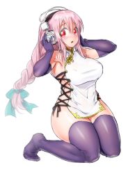 Rule 34 | 1girl, blush, braid, breasts, curvy, elbow gloves, female focus, full body, gloves, headphones, kneeling, large breasts, long hair, looking at viewer, naked tabard, nitroplus, no bra, no panties, onsoku inu, open mouth, pink hair, red eyes, side slit, sideboob, solo, super sonico, tabard, tareme, thick thighs, thighhighs, thighs, wide hips