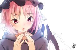 Rule 34 | 1girl, animal ears, ayagi daifuku, bad id, bad twitter id, bird wings, blush, breath, fingers together, hat, inactive account, looking at viewer, mob cap, mystia lorelei, open mouth, pink hair, red eyes, short hair, signature, simple background, smile, solo, touhou, upper body, white background, wings