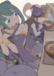 Rule 34 | 4girls, blue eyes, blunt bangs, blush, bow, bracelet, brown hair, chopsticks, commentary request, counter, cup, curry udon, demon horns, disgust, dress, drinking glass, eating, food, furrowed brow, gloves, green hair, hat, hat bow, highres, holding, holding chopsticks, horns, jewelry, kemura (puripurinea), kurosu aroma, long hair, looking at another, looking back, manaka non, mini hat, mini witch hat, multiple girls, noodles, open mouth, pink ribbon, ponytail, pretty series, pripara, purple bow, purple dress, purple gloves, purple hair, purple sleeves, ribbon, shiratama mikan, sitting, sleeveless, sleeveless dress, slurping, standing, steam, sweatdrop, tray, tsukikawa chili, udon, witch hat