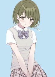 Rule 34 | 1girl, blush, embarrassed, green eyes, green hair, highres, looking at viewer, nanakusa nichika, own hands together, plaid, plaid skirt, ribbon, ribbon-trimmed collar, ribbon trim, ryouta (ryouta335), school uniform, short hair, short sleeves, simple background, skirt, smile, solo, vest