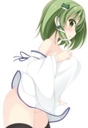 Rule 34 | 1girl, bare shoulders, black thighhighs, blush, chimunge, detached sleeves, frog hair ornament, green eyes, green hair, hair ornament, hair tubes, highres, kochiya sanae, looking at viewer, matching hair/eyes, mouth hold, no panties, no pussy, open mouth, snake hair ornament, solo, thighhighs, touhou, towel, wide sleeves