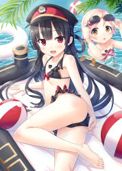 Rule 34 | 2girls, :d, :o, absurdres, adjusting clothes, adjusting goggles, adjusting swimsuit, ass, ball, barefoot, beachball, bikini, bikini skirt, black bikini, black hair, blunt bangs, bow, bow bikini, cura, goggles, goggles on head, hachiroku (maitetsu), hair ornament, hair rings, hairpin, hat, highres, inflatable raft, innertube, jewelry, long hair, looking at viewer, lying, maitetsu, multiple girls, necklace, on side, one-piece swimsuit, open mouth, orange eyes, partially submerged, peaked cap, pink hair, red eyes, reina (maitetsu), short hair, smile, strapless, strapless one-piece swimsuit, swim ring, swimsuit, thighs, very long hair, water